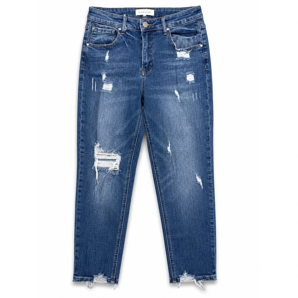 Risen Jeans Women 11/30 High Rise Distressed Skinny Ankle Raw Hem Stretch Blue